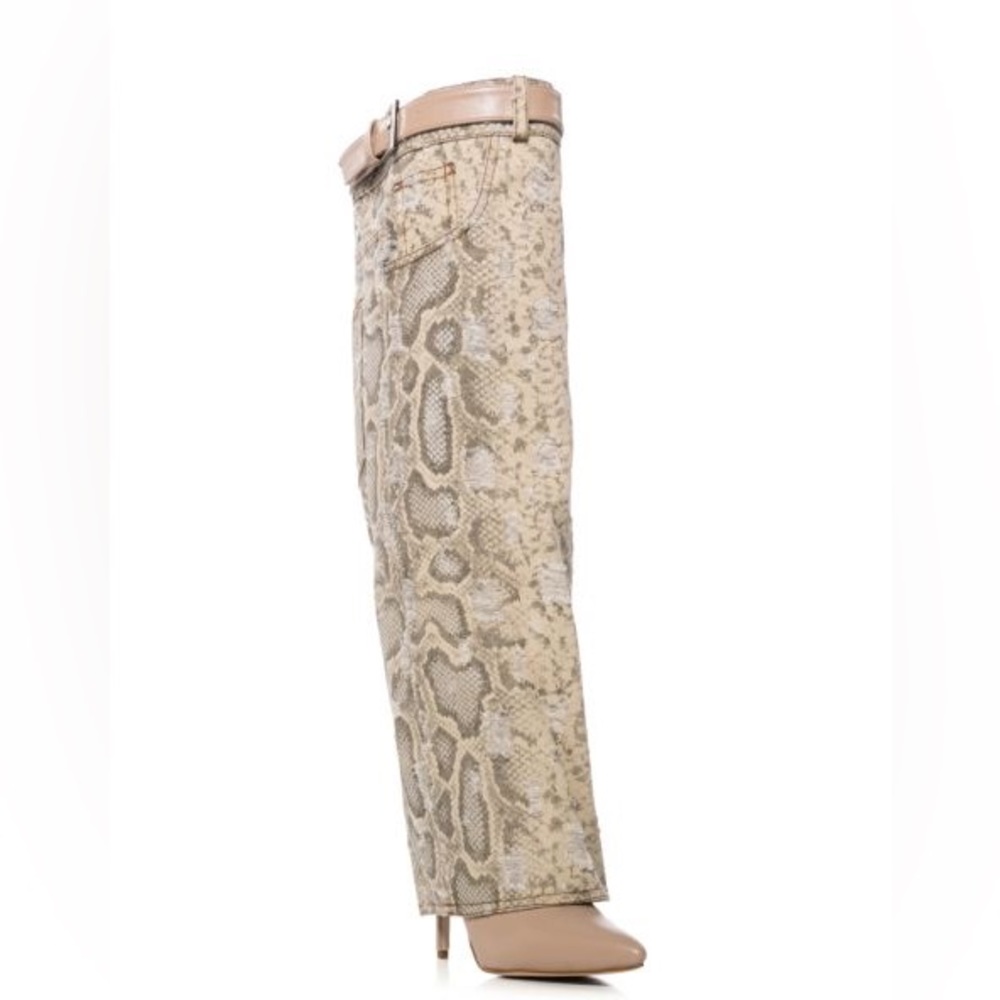 AZALEA WANG Tan Snakeskin Print Over The Knee Boots - Picture 3 of 4